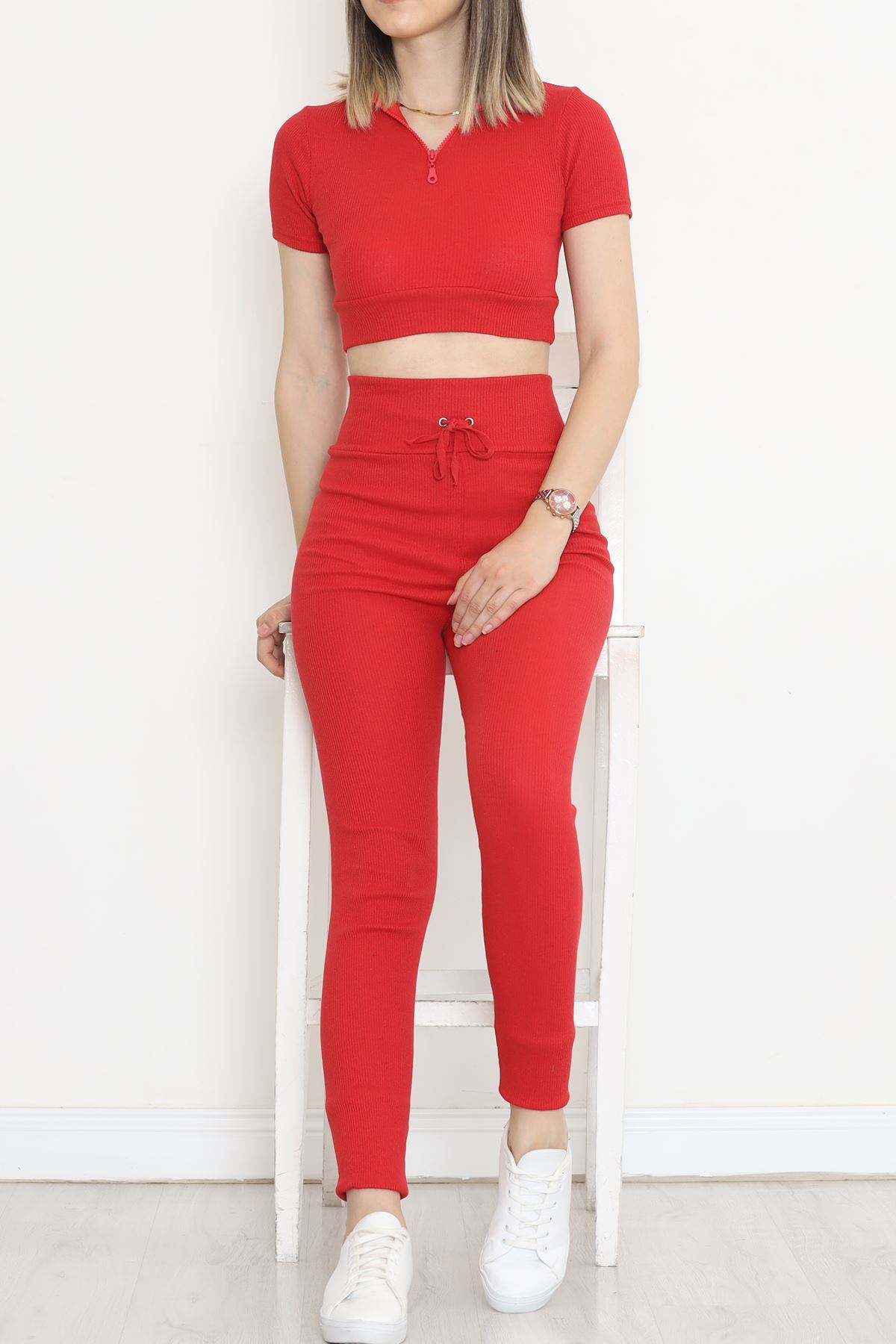 Camisole Zippered Short Sleeve Suit Red