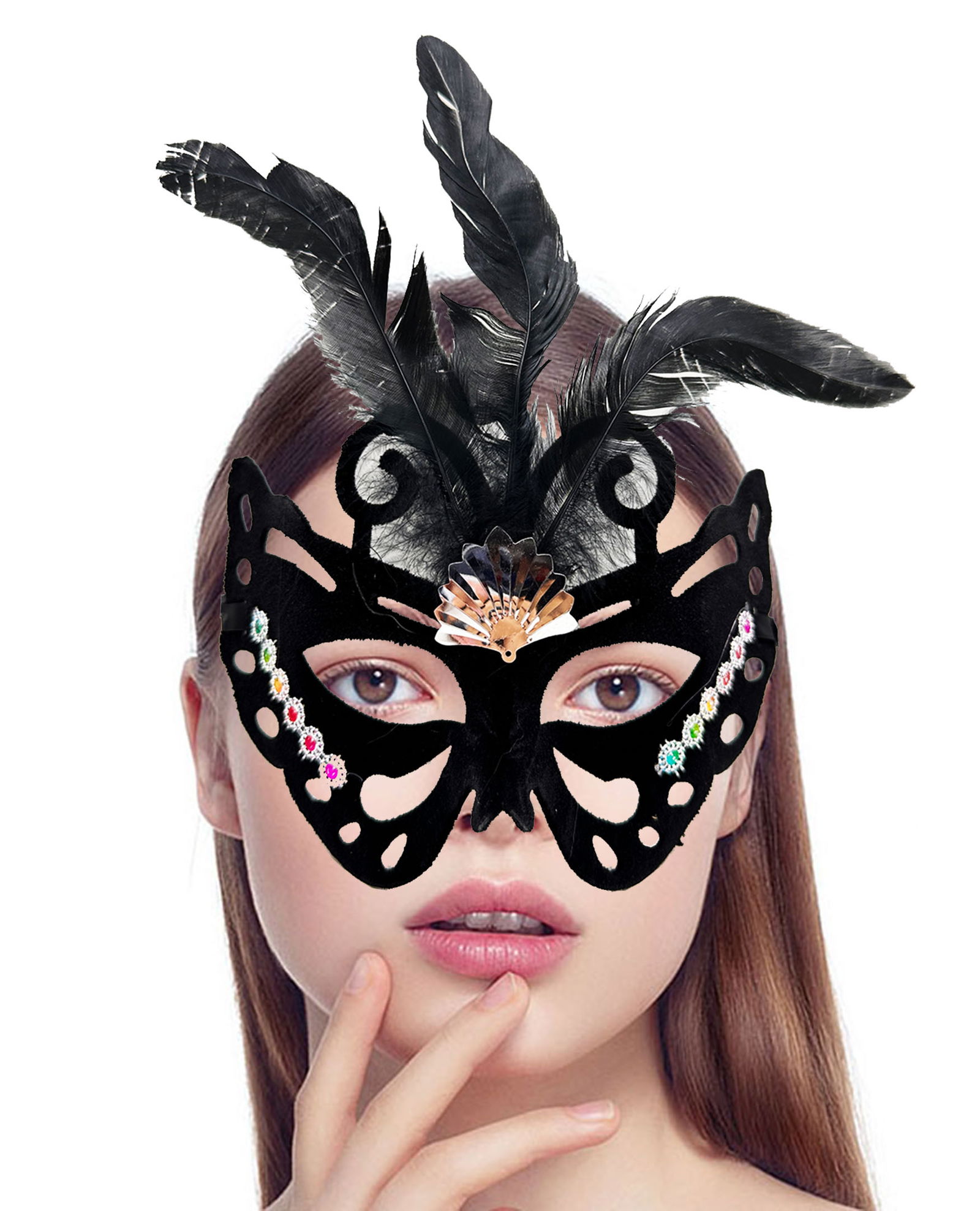 Black Color Black Suede Coating Feather Butterfly Figure Party Mask 24x18 cm