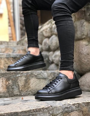 Thick High Sole Black Lace-Up Sneakers For Men