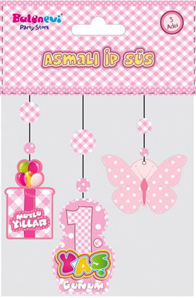 1 Year Old Themed Hanging Rope Ornament Pink Color Set of 3 12x45 cm