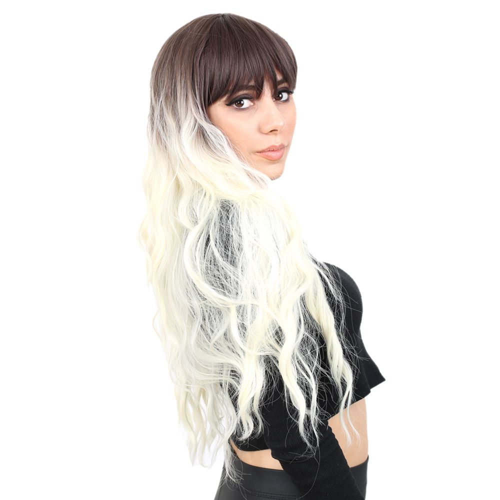 Kanekalon Fiber Synthetic Wig / Ashy Light Brown / Platinum Ombré Long Water Wavy Look with Special Bangs