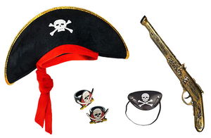 Pirate Hat + Gun + Mask + 2 Pcs Rings Costume Set Kids