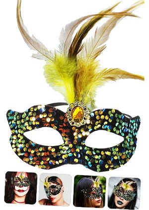 Black Velvet Party Mask with Colorful Sequins Sequins Yellow Feathers Yellow Stones 19x21 cm