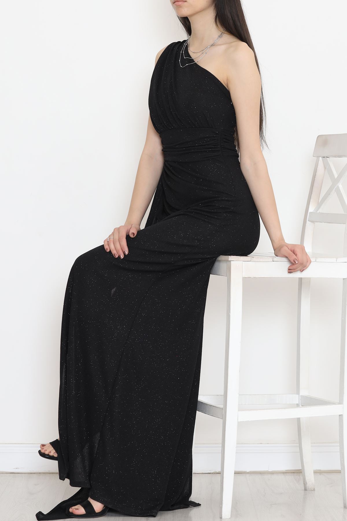 Silvery Crepe Draped Evening Dress Black