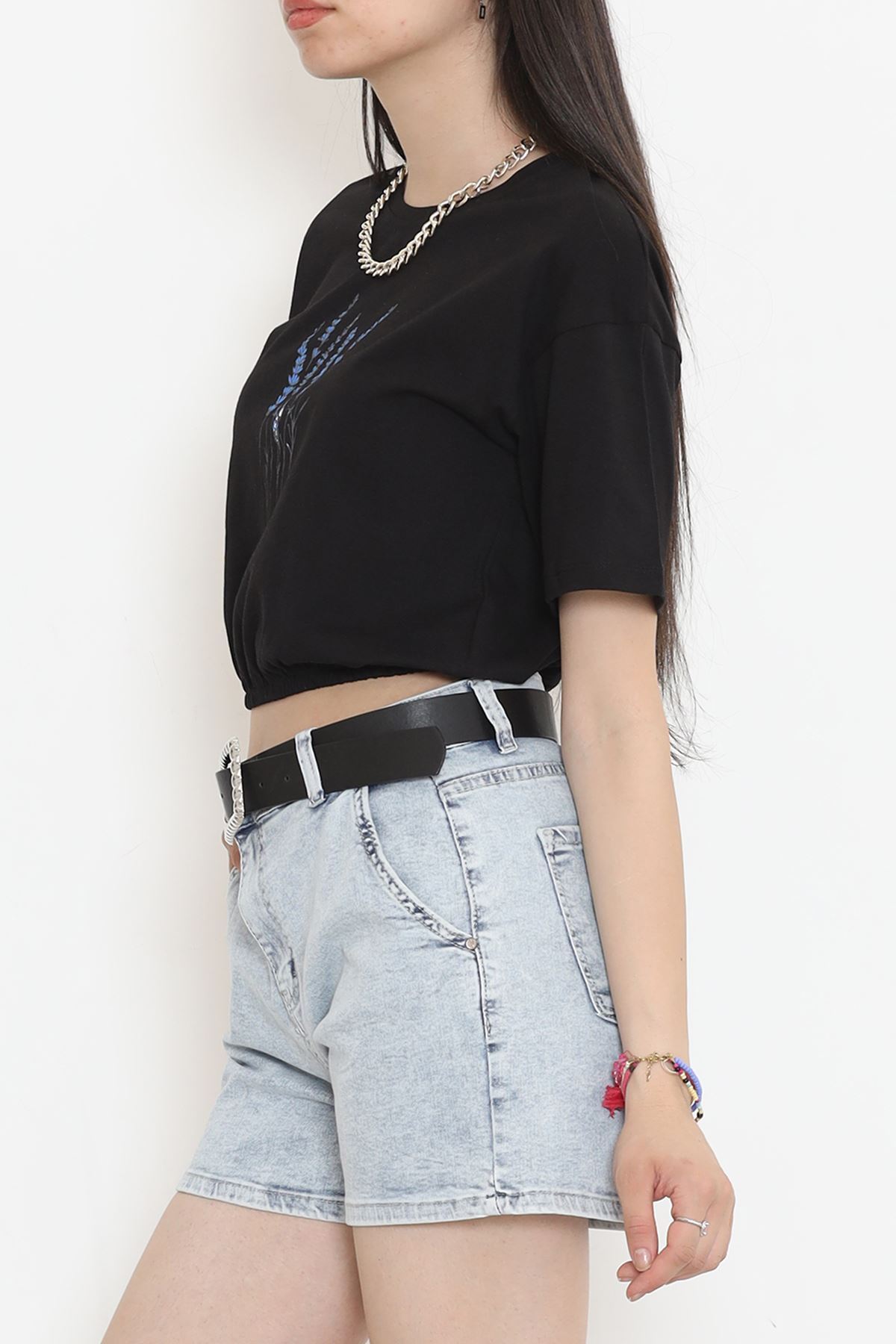 Printed Waist Elastic T-Shirt Black