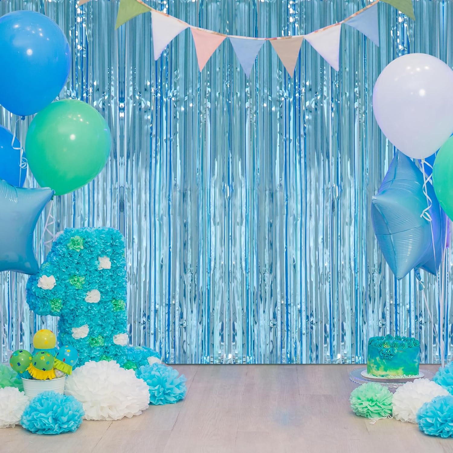 Light Blue Color Extra Metallized Shiny Fringed Backdrop Curtain Imported A Quality 1x2 Meters