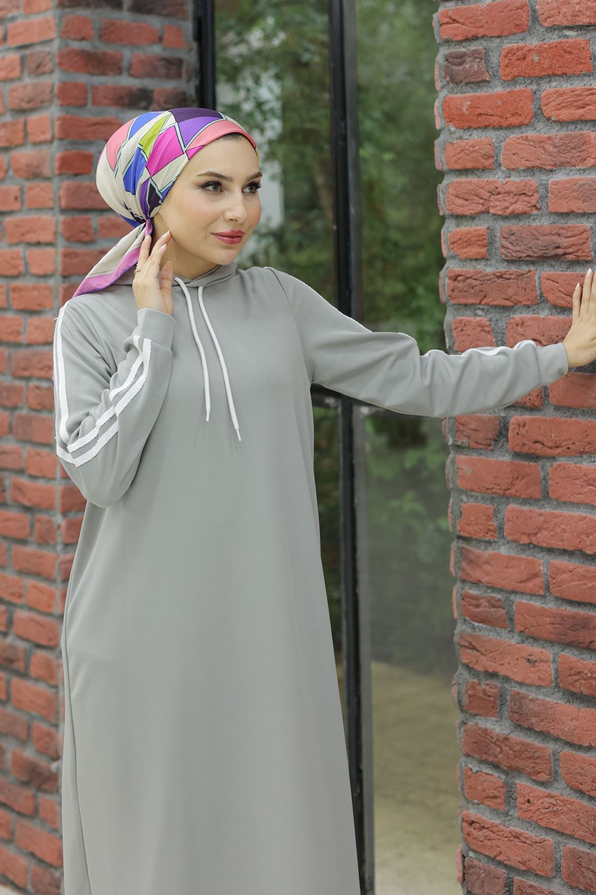 Hooded Stripe Detailed Dress Gray