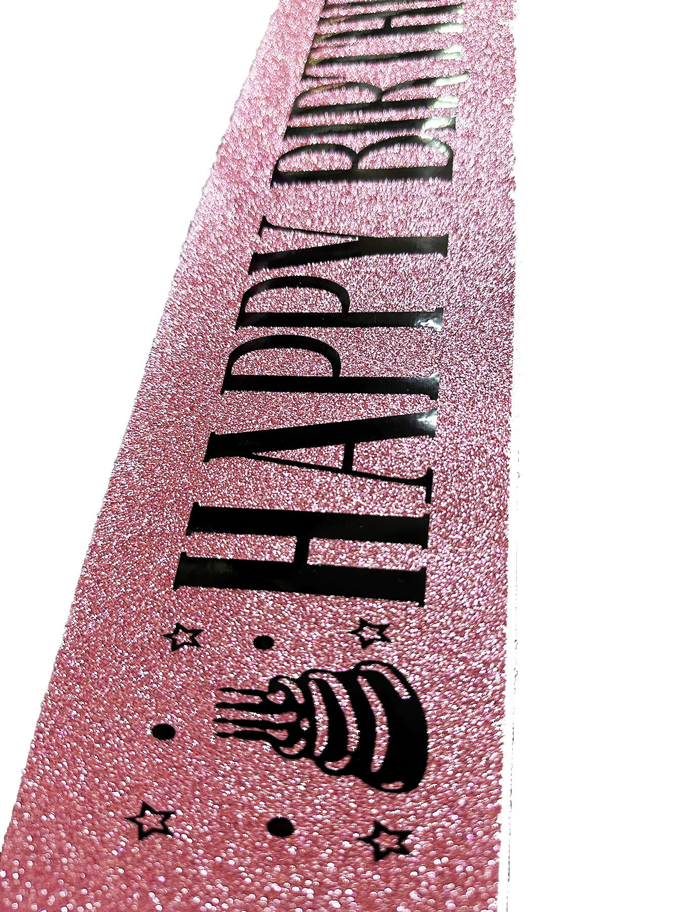 Pink on Black Big Happy Birthday Written Silvery Glitter Belt Belt 10 cm Width