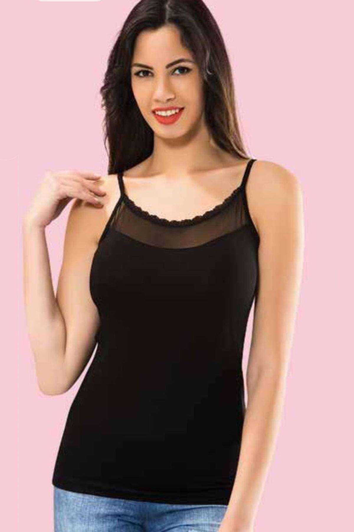 Women's Tulle Detailed Strappy Black Tank Top 6220