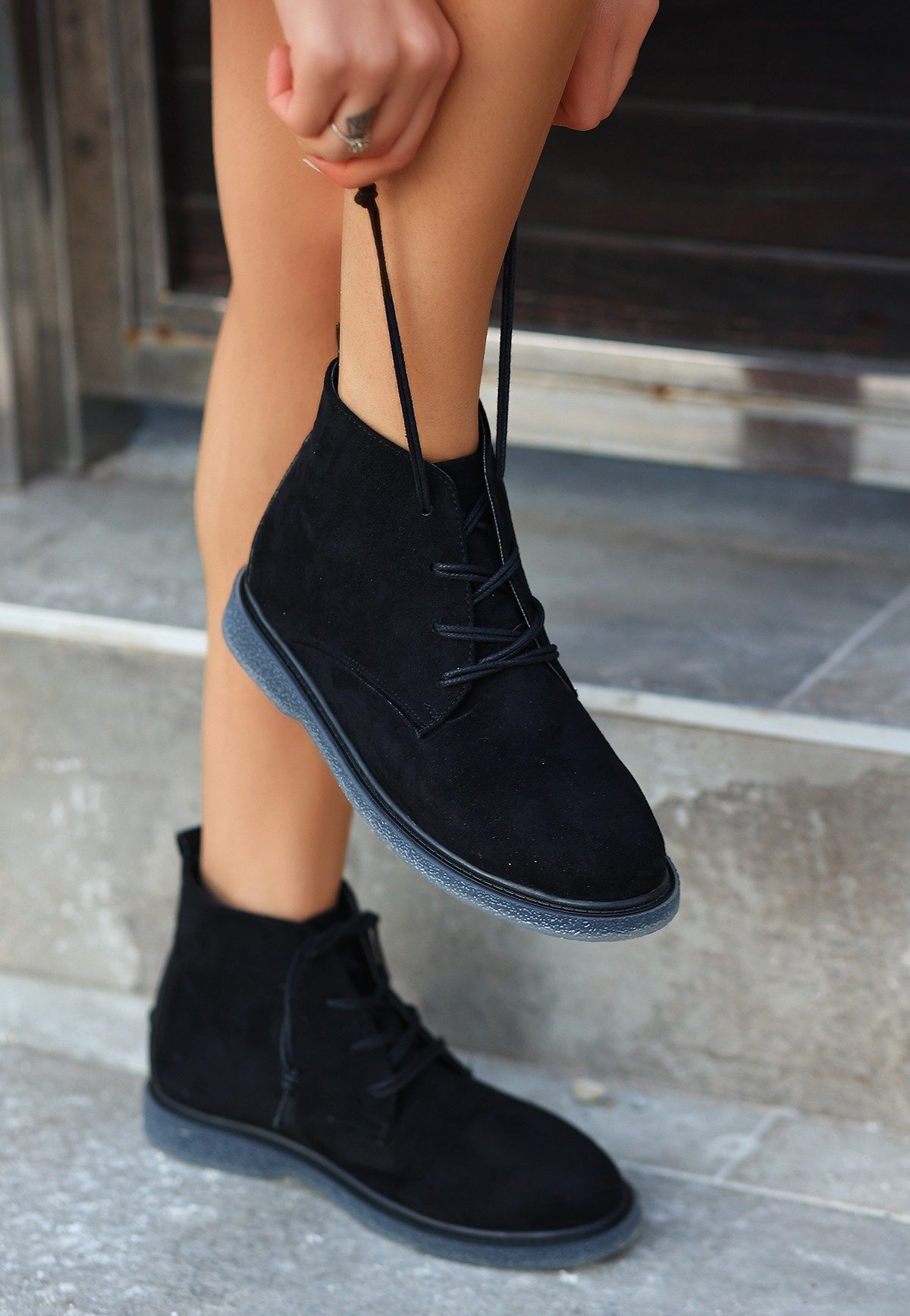 Black Suede Gray Soled Lace-up Boots