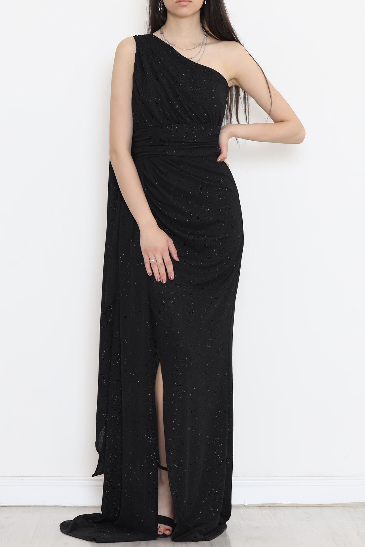 Silvery Crepe Draped Evening Dress Black