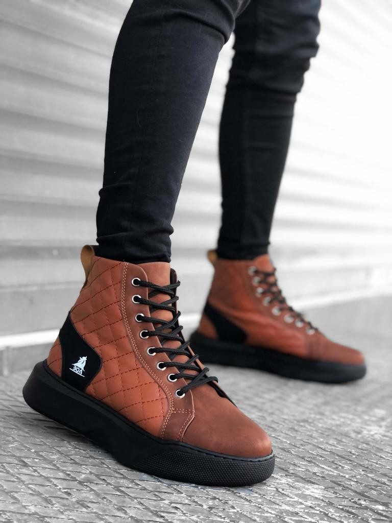 Lace-up Dark Tan Quilted Men's High Sole Sport Boots