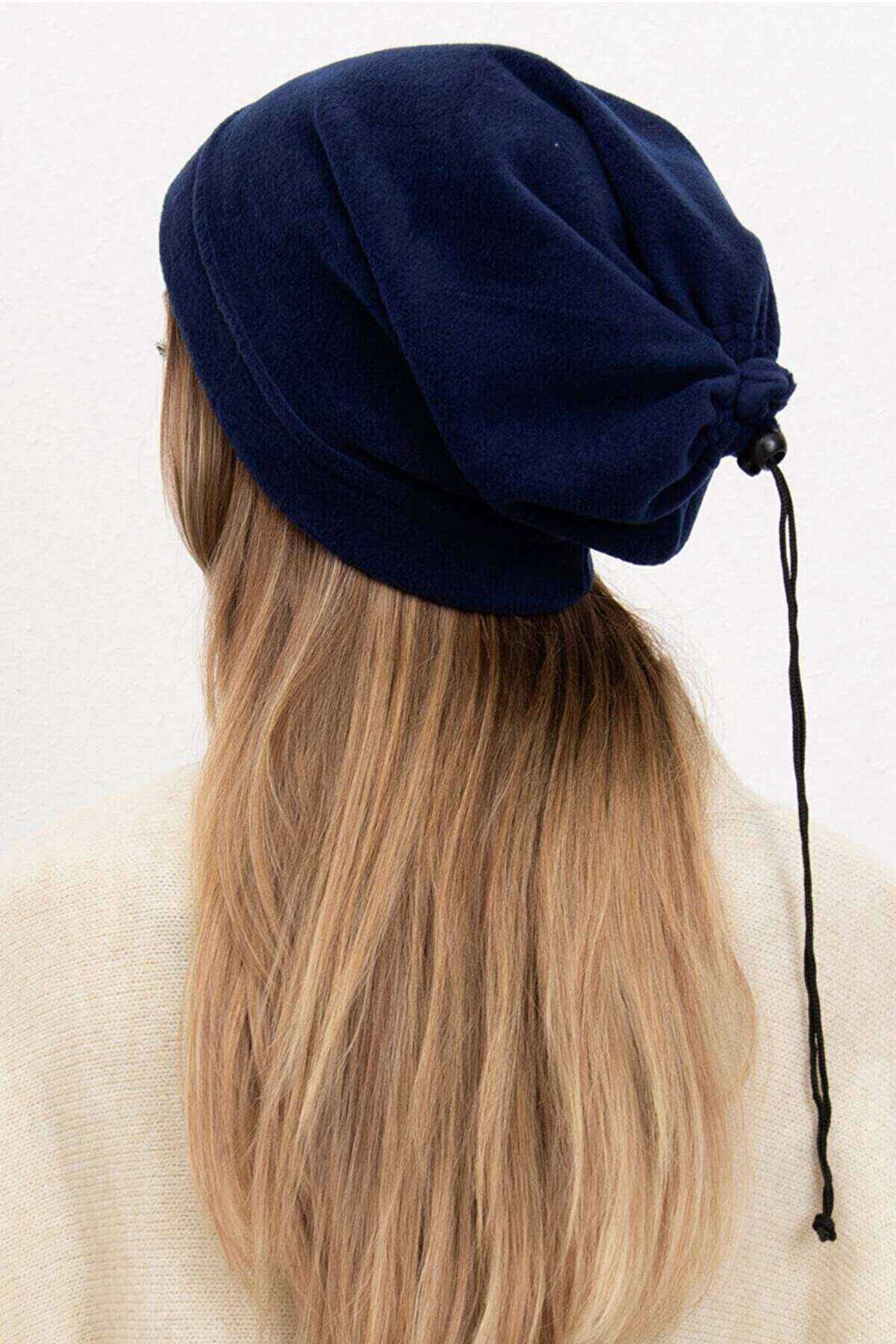 Fleece Unisex Drawstring Beanie and Neck Collar Navy Blue