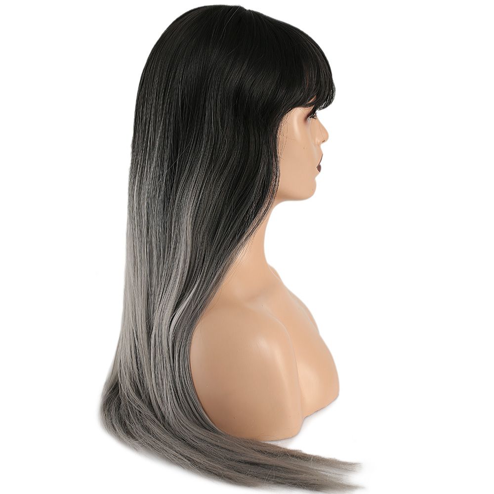 Kanekalon Fiber Synthetic Long Straight Bangs Wig / Black Gray Ombré