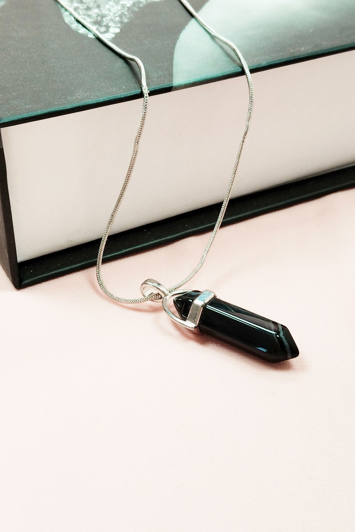 Obsidian Natural Stone Chain Necklace with Handmade Design Pendant: 3.5 cm Chain: 20 cm Boxed