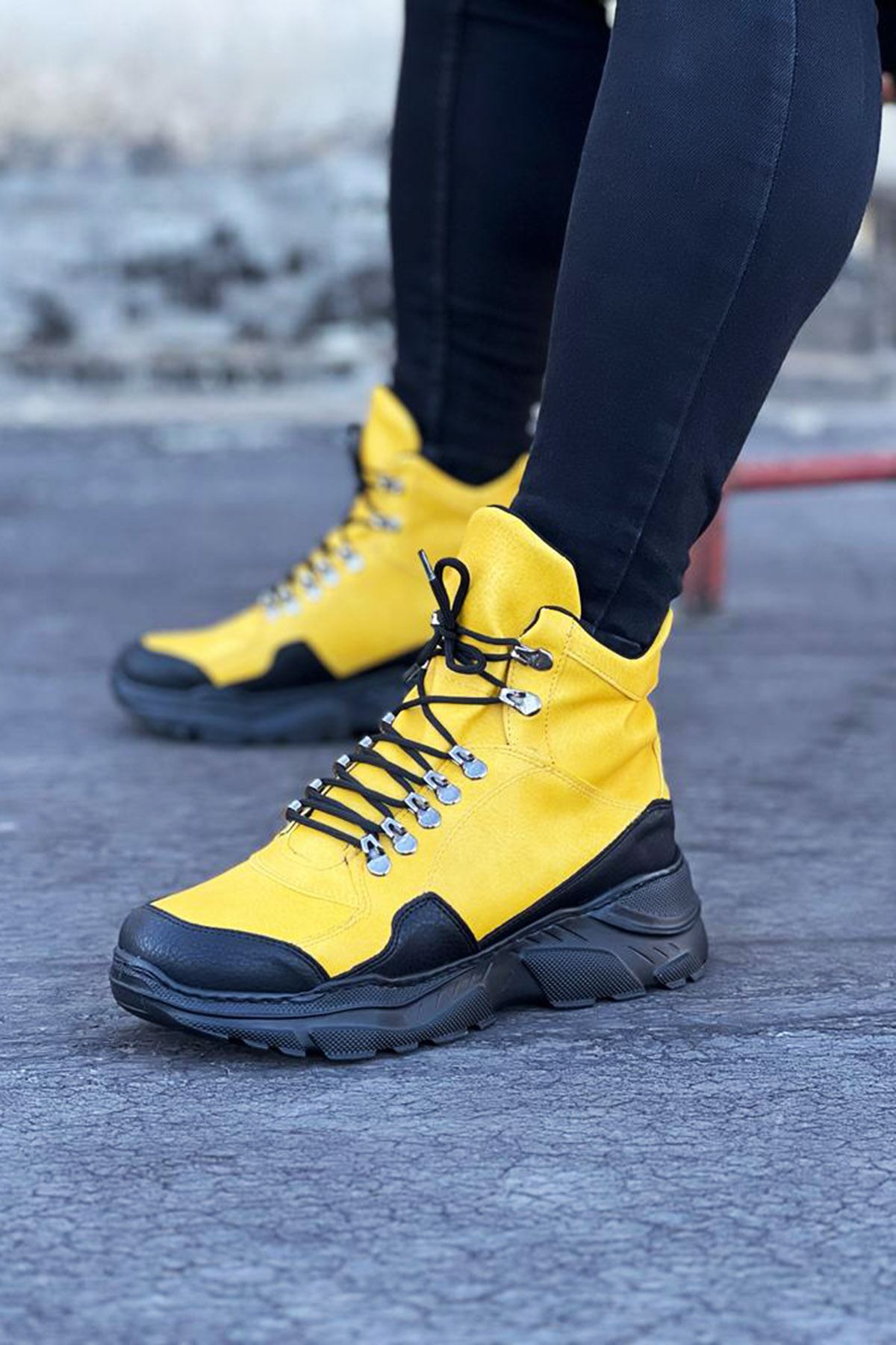 Yellow-Black Color Long Lace-up Boots