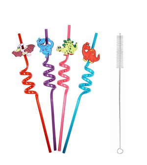 5 Piece Colorful Straw Set - Emoji Spiral Cocktail - Kids Straw with Cleaning Brush