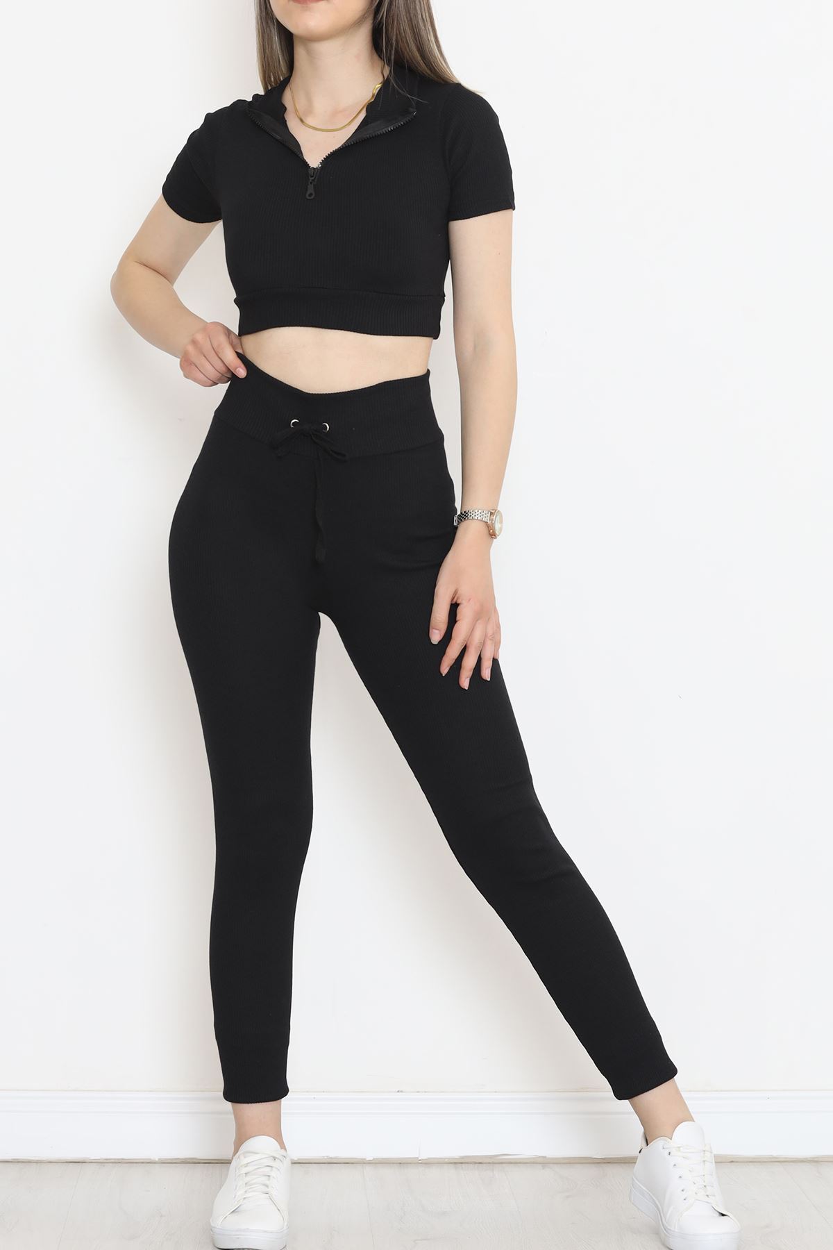 Camisole Zippered Short Sleeve Suit Black