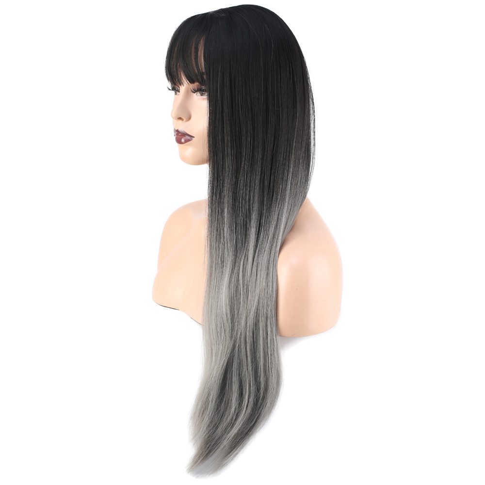 Long Kanekalon Fiber Synthetic Wig with Straight Custom Bangs / Black / Gray Ombré