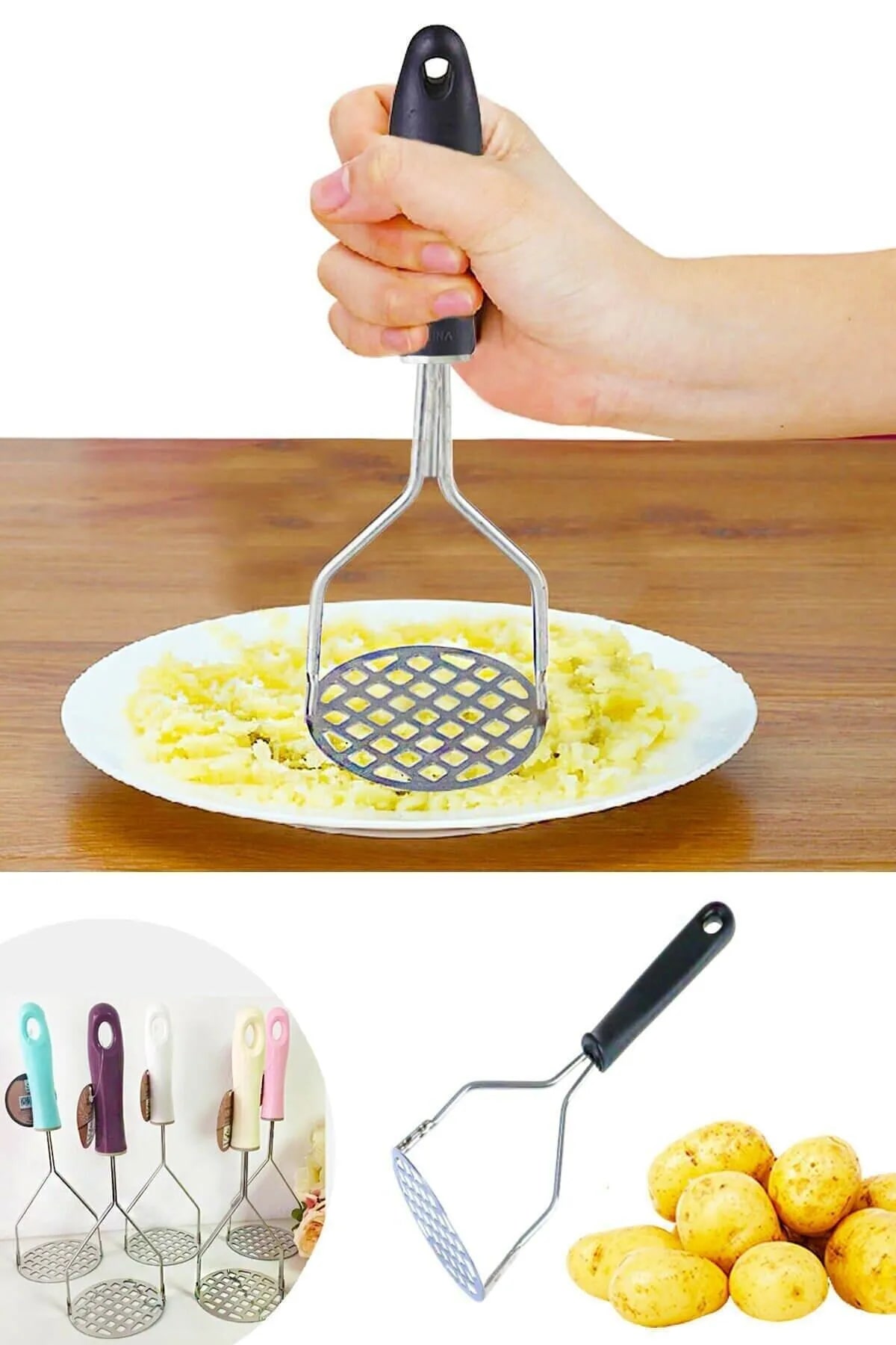 Perforated Metal Stainless Potato Banana Egg Masher Mash Maker with Plastic Handle