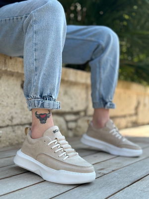 Ladder Pattern Lace-up Men's High Sole Cream Suede Sneakers