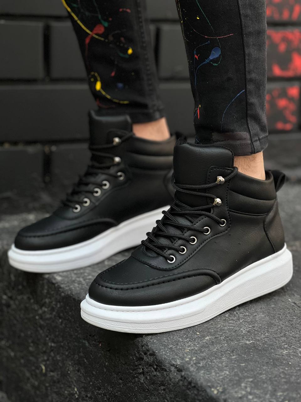 Black Skin High Sole Men's Ankle Boots