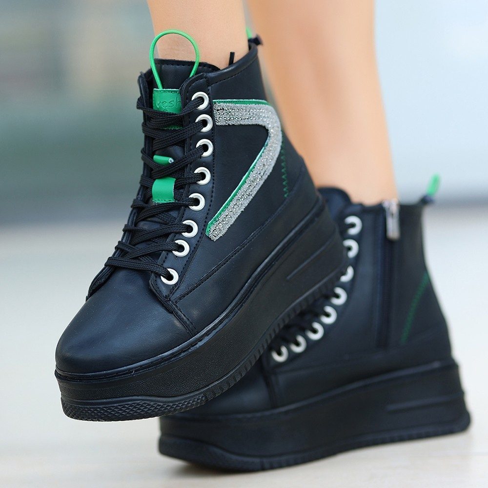 Black Skin Green Detailed Lace-up Boots