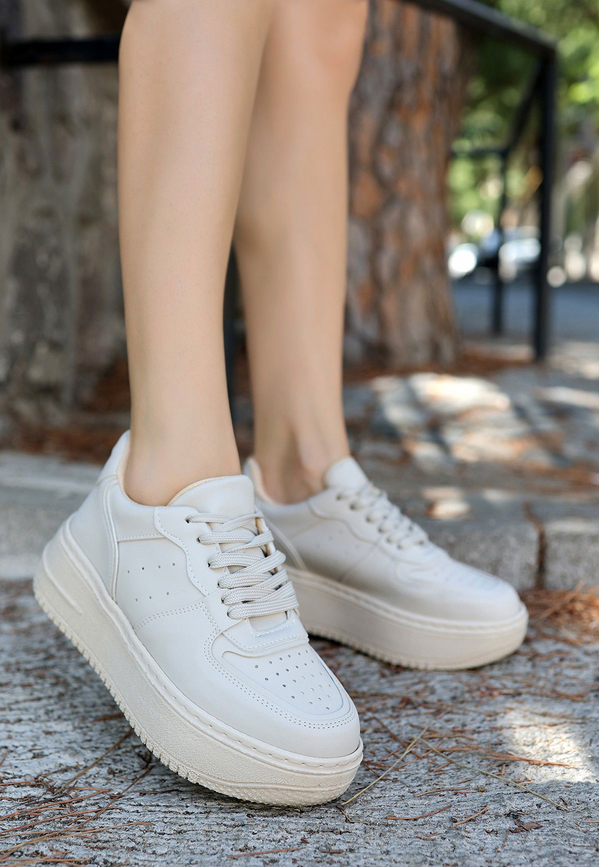 Beige Skin Lace-Up Sneakers