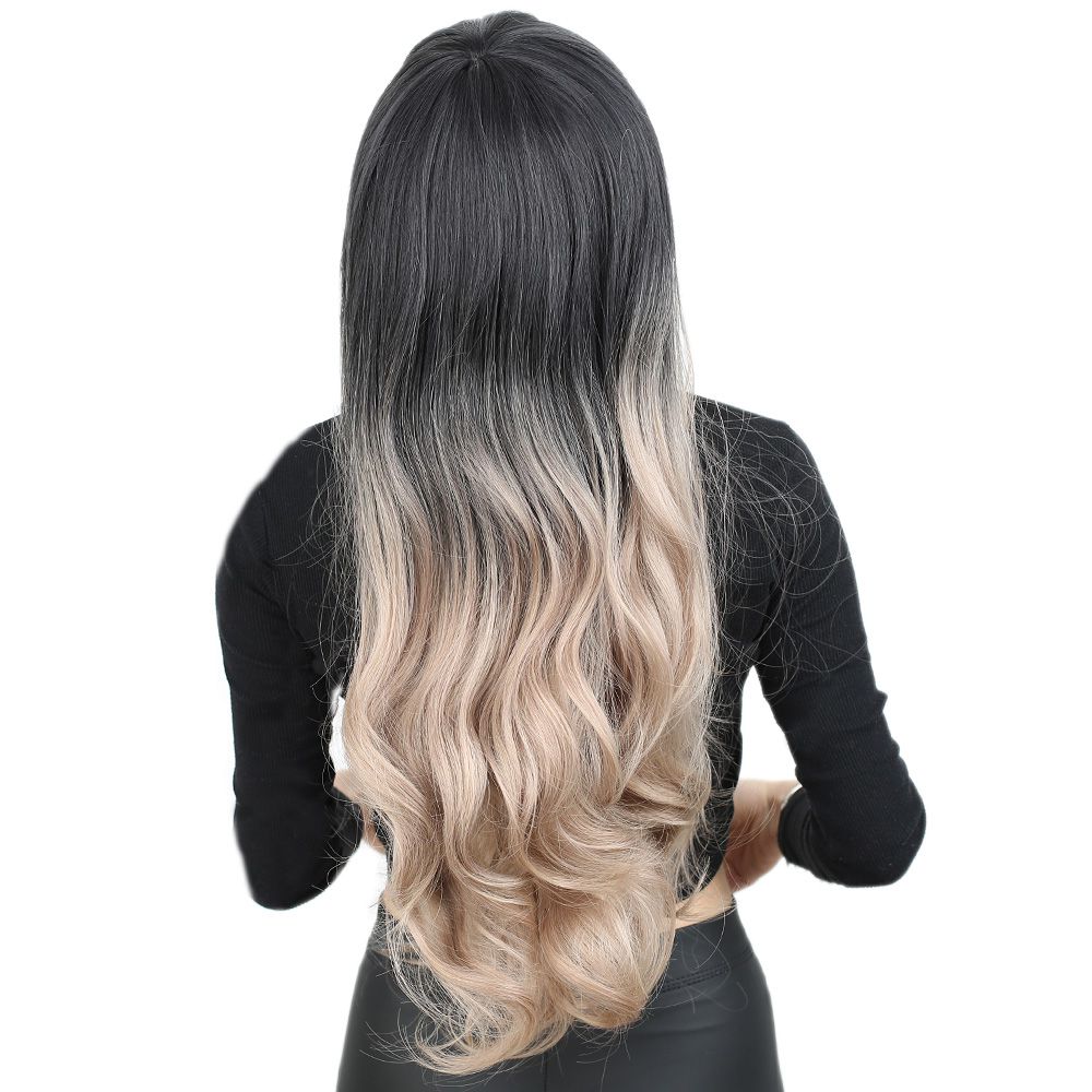 Long Wavy Kanekalon Fiber Synthetic Wig with Custom Bangs / Black / Ashy Baby Yellow Ombré