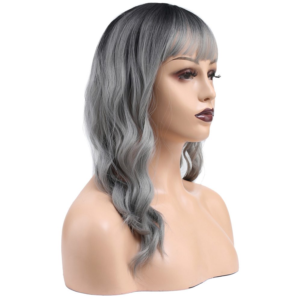 Wavy Short Custom Bangs Kanekalon Fiber Synthetic Wig / Black / Gray Ombré