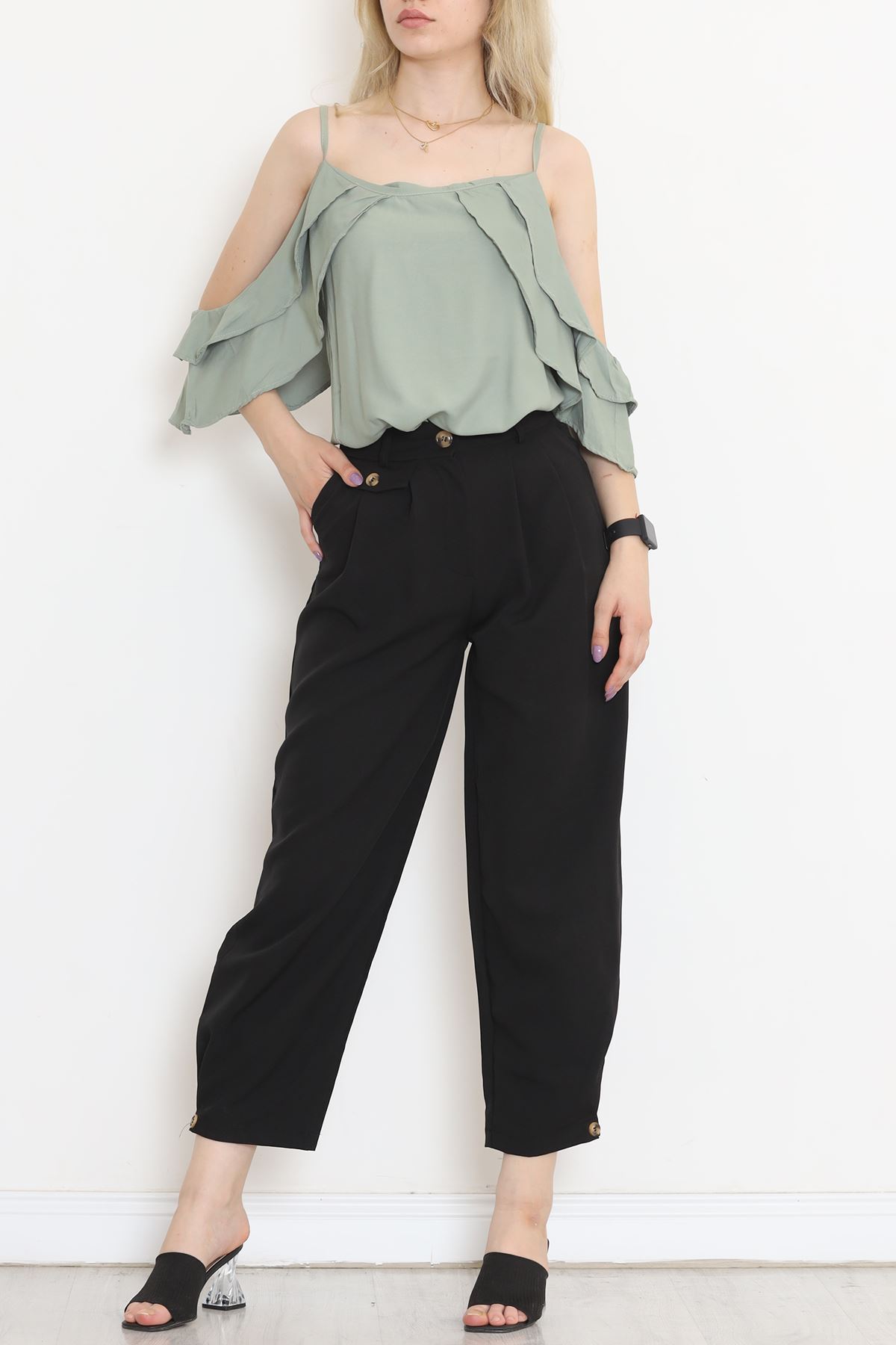 Trousers with Button Details Black