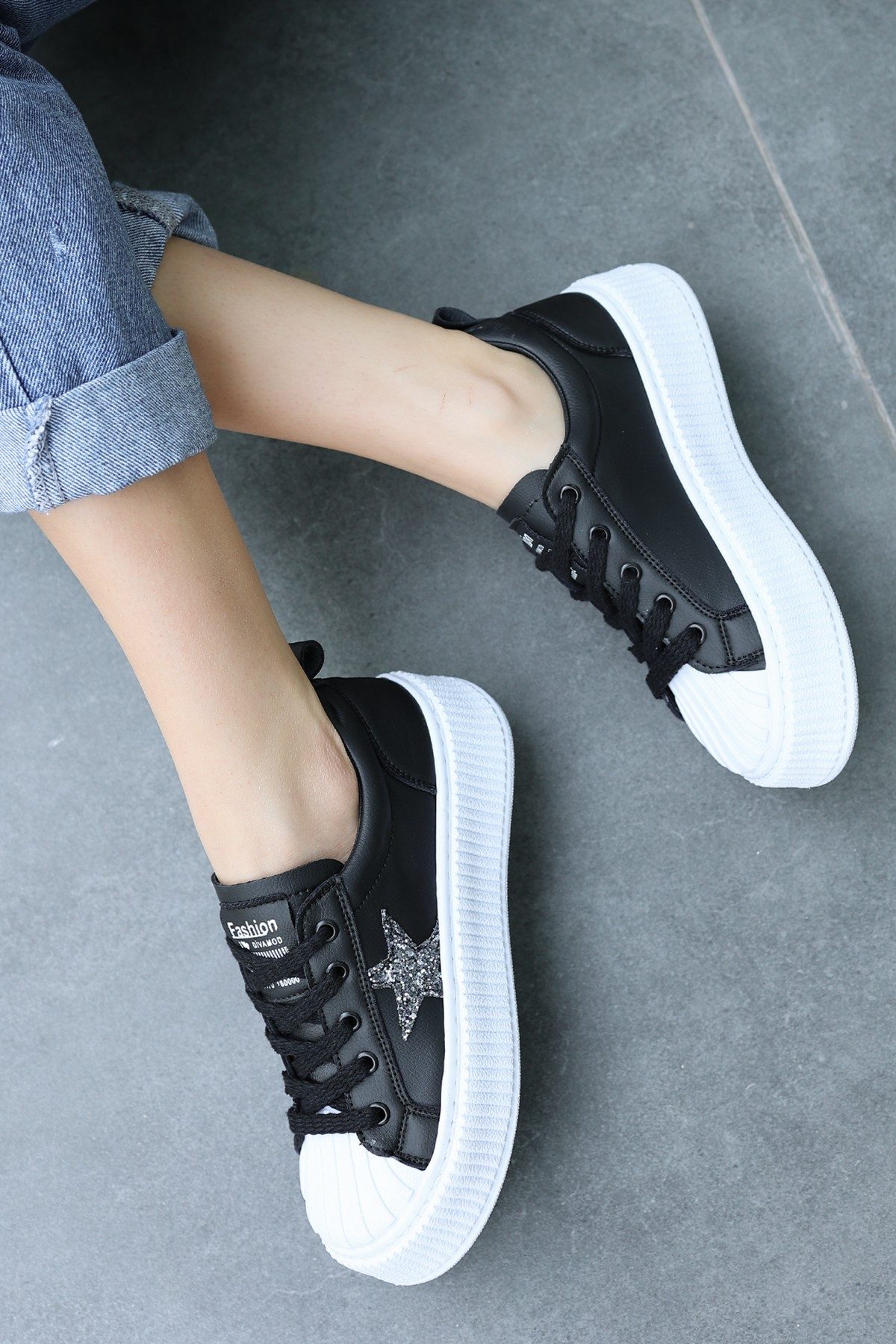 Black Skin White Sole Lace-Up Sneakers