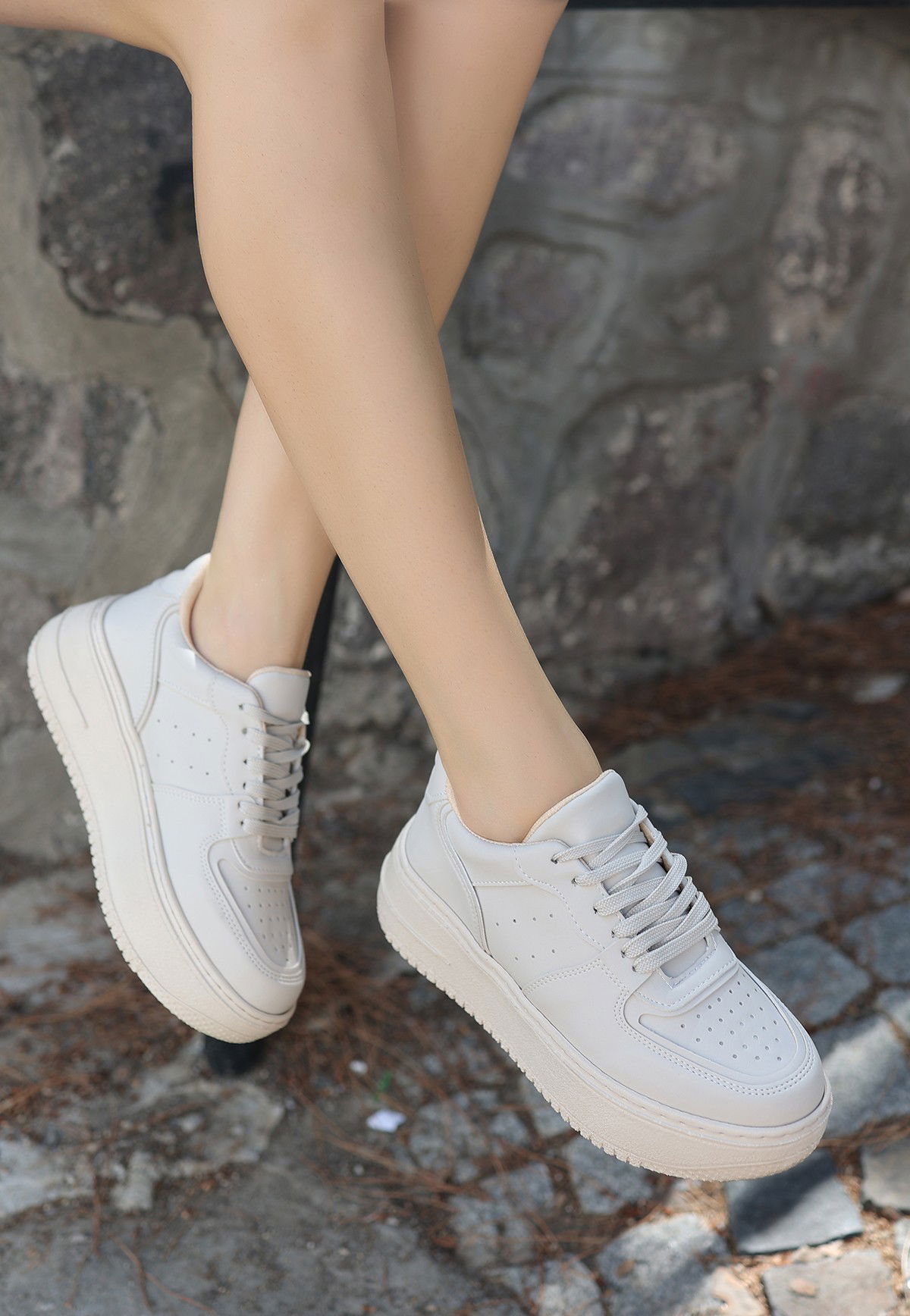 Beige Skin Lace-Up Sneakers