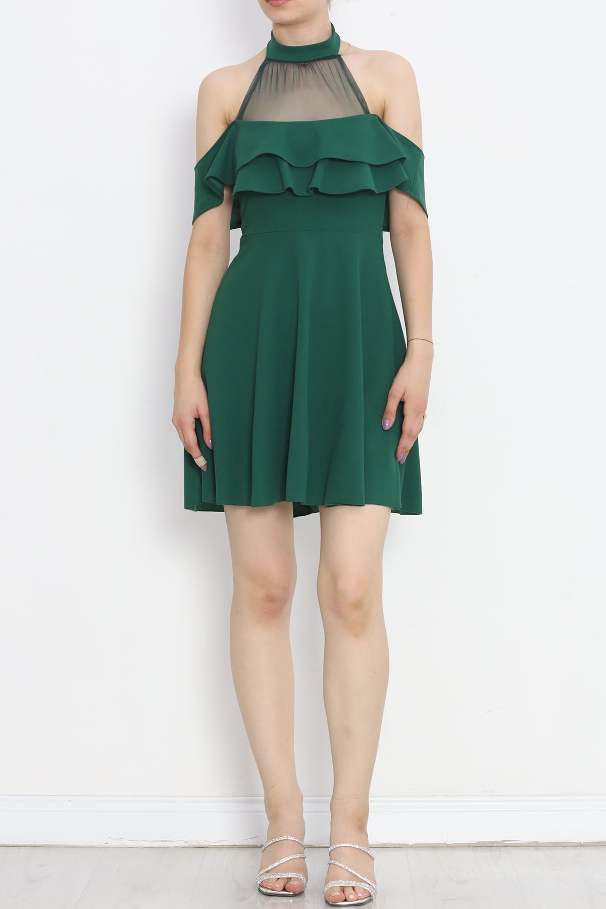 Tulle Collar Ruffle Dress Dark Green