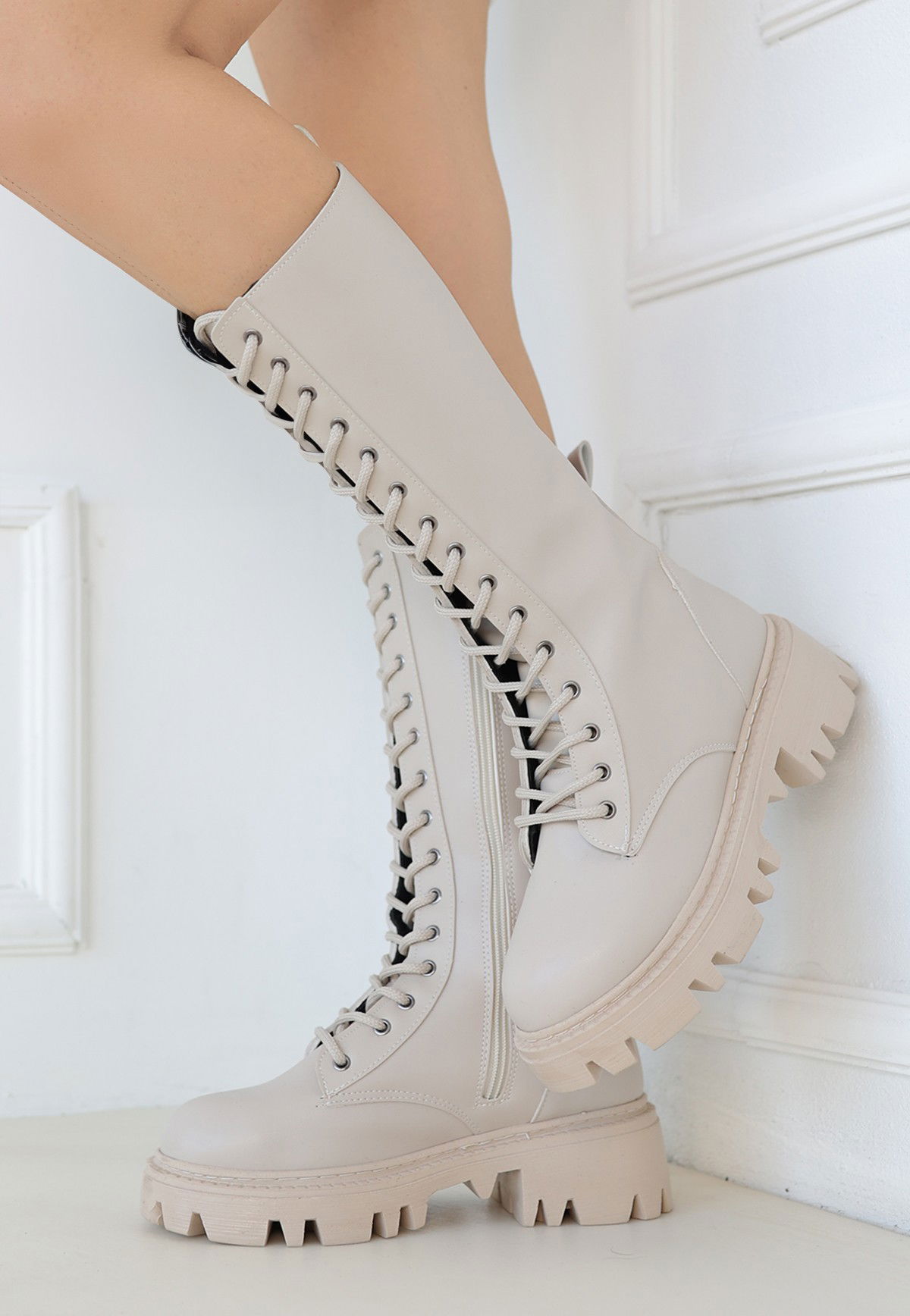 Beige Skin Lace-up Boots