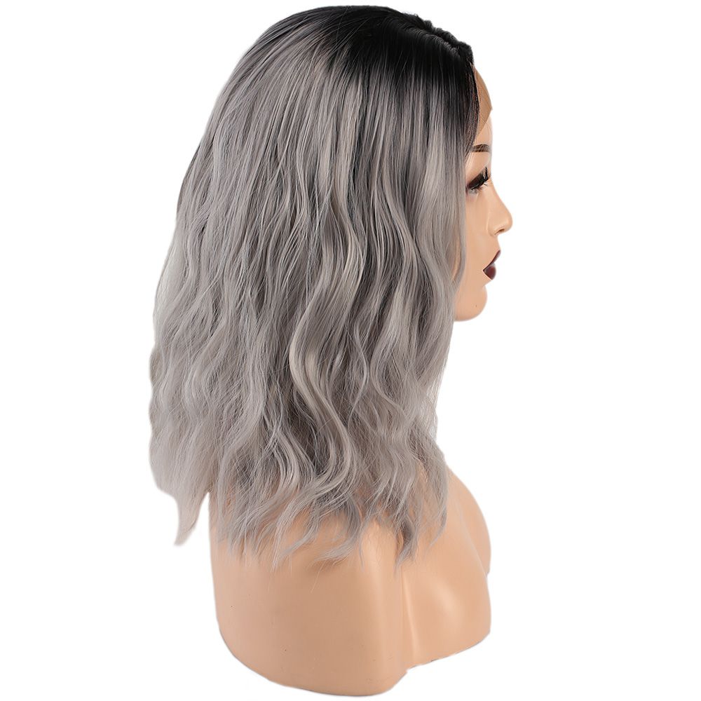 Kanekalon Fiber Synthetic Wavy Short Tulle Wig / Black Gray Ombré