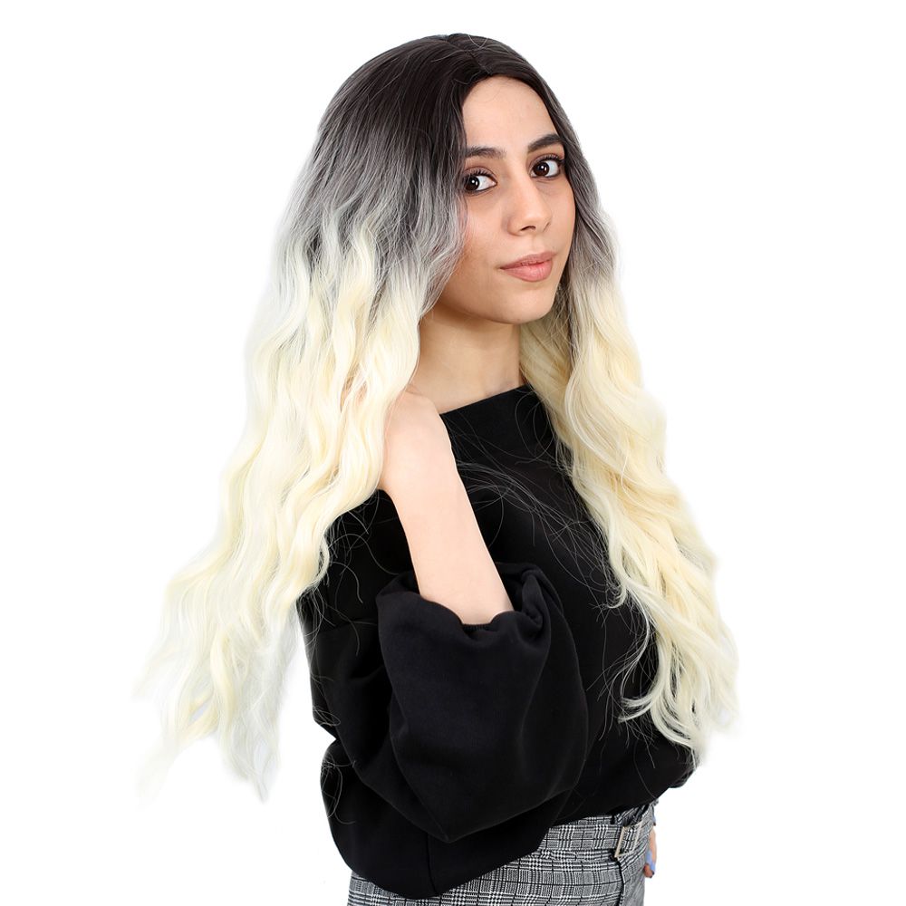 Kanekalon Fiber Synthetic Long Water Wavy Look Wig / Light Black / Platinum Ombré