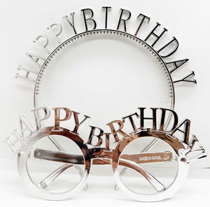 Happy Birthday Written Crown and Happy Birthday Written Glasses Set Silver Color