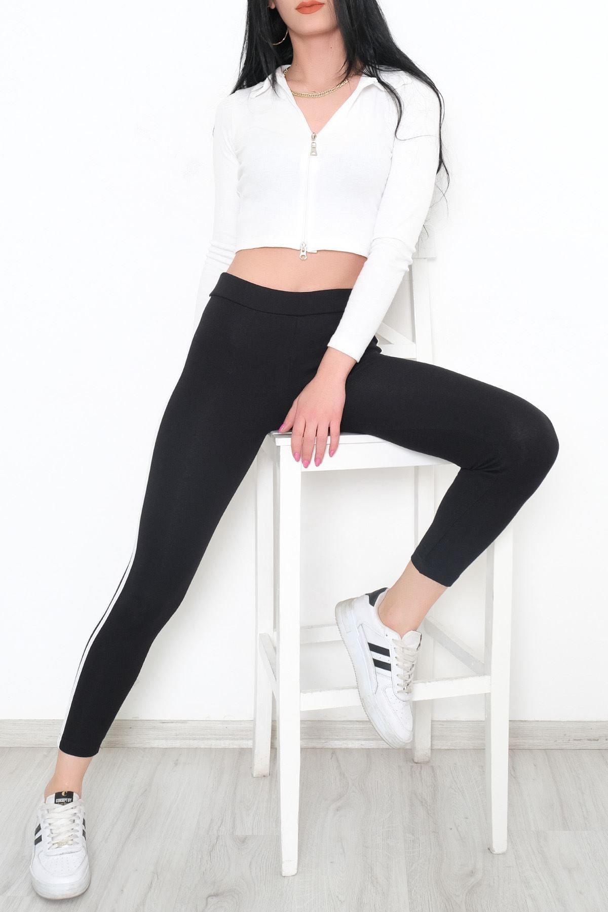 Double Stripe Ribbed Leggings Black and White