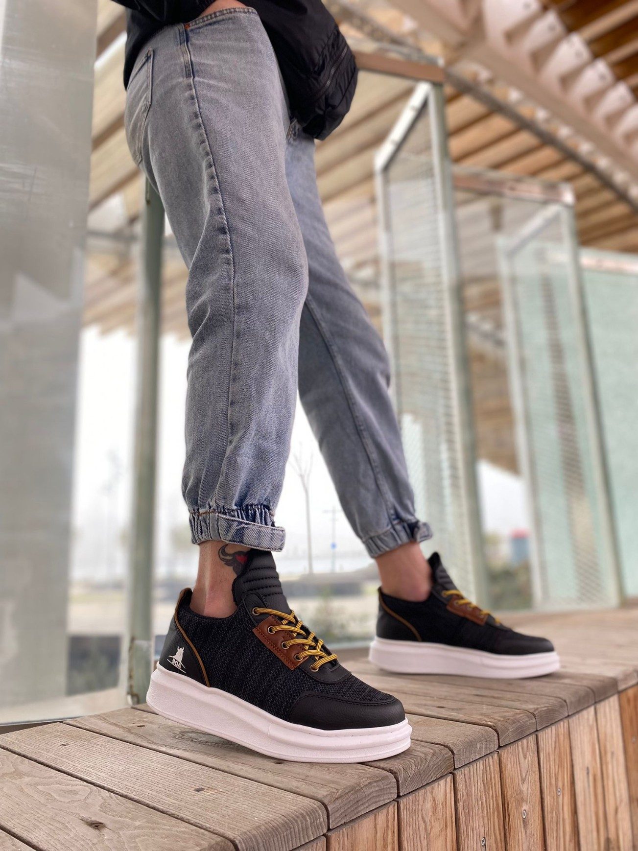 Lace-up Comfortable High Sole Black Patterned Casual Men's Sneakers