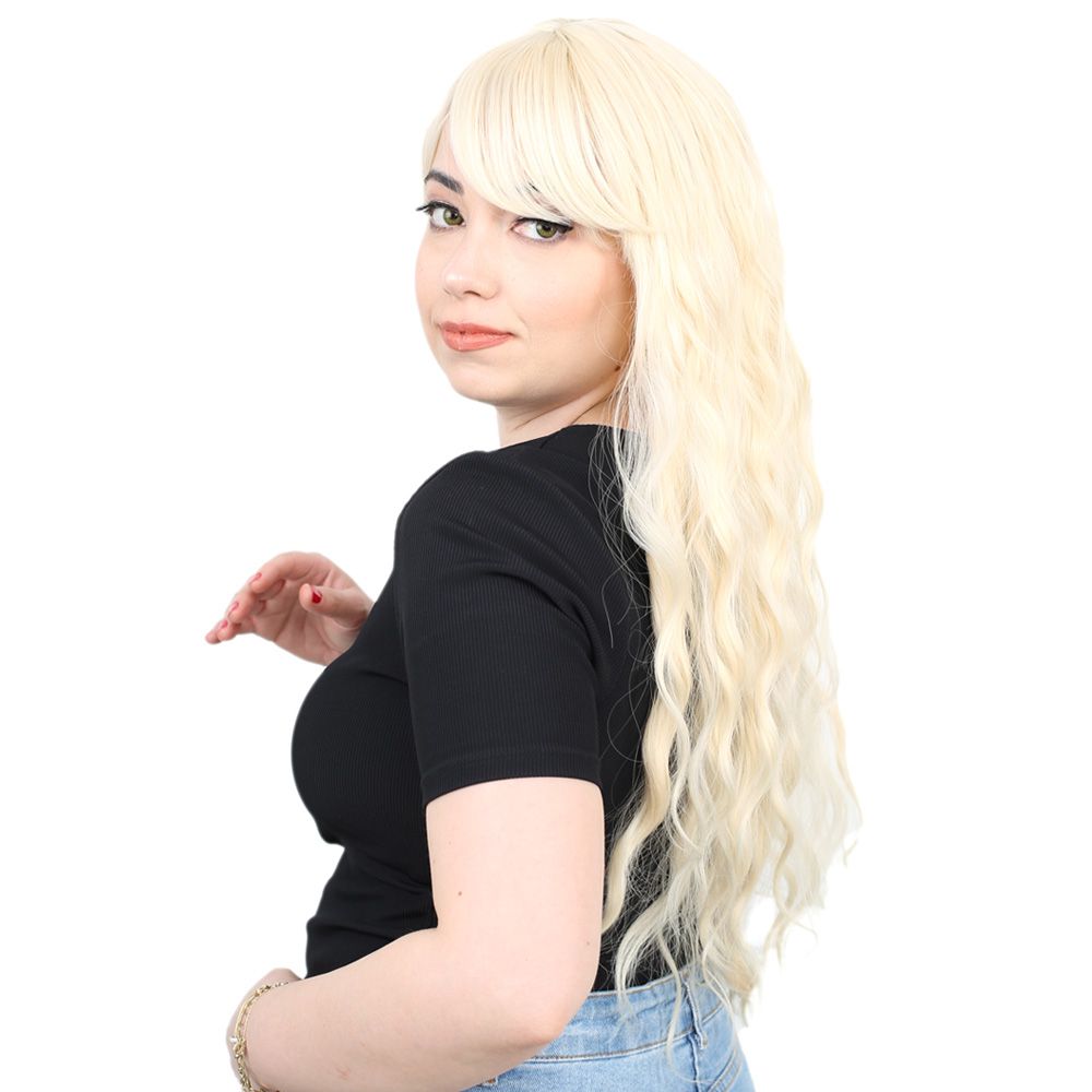 Long Water Wavy Look Kanekalon Fiber Synthetic Wig / Platinum with Special Bangs