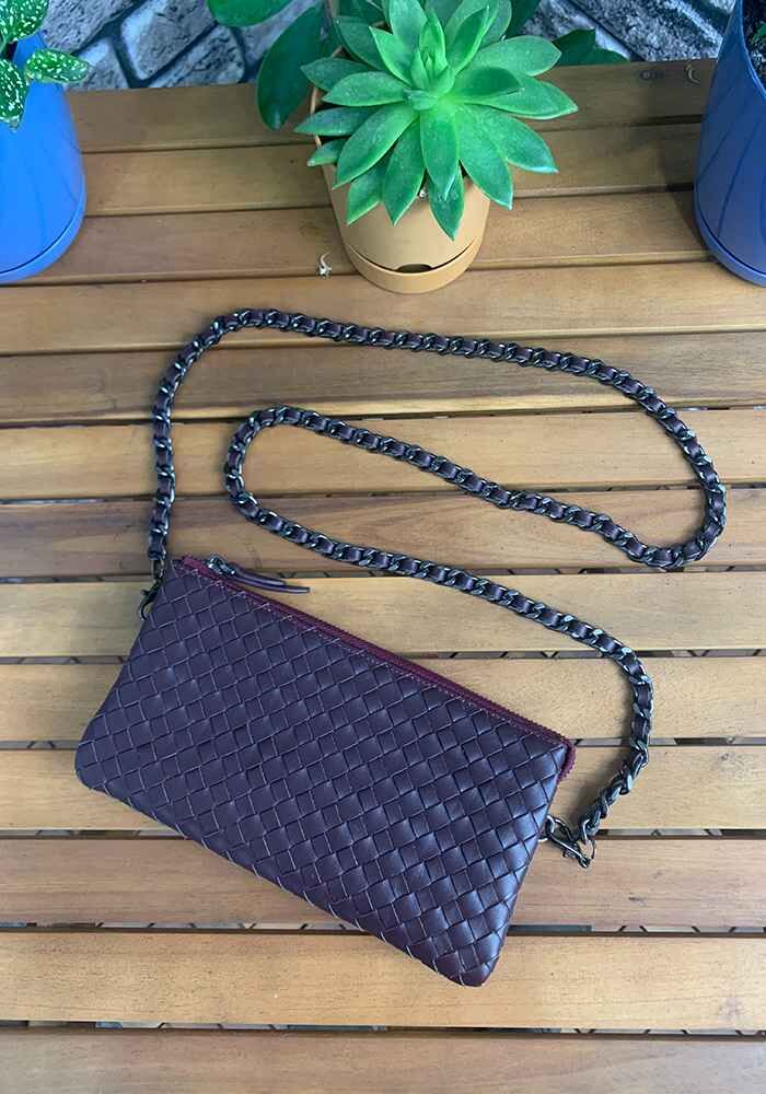 Hand Knitted Small Size Burgundy Genuine Leather Women's Bag