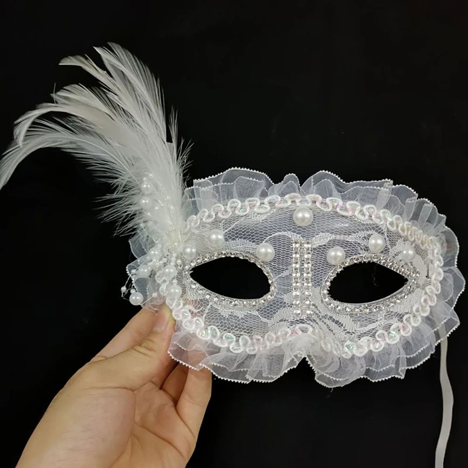 White Color Party Mask 17x12 cm with Side Feathers Pearl Embroidered Stones Lacy Party Mask 17x12 cm