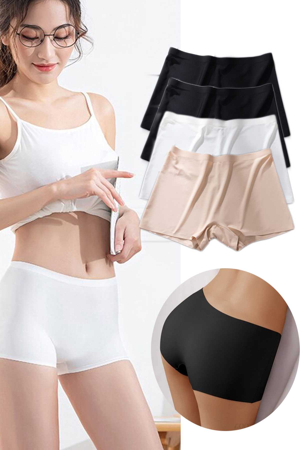 4Pcs Women Seamless Invisible Invisible No Trace Mini Shorts Boxers Black White Skin