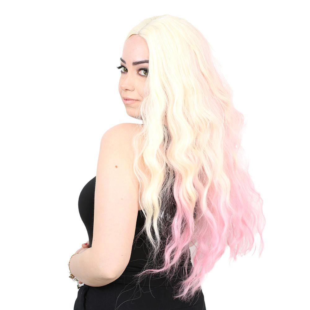 Kanekalon Fiber Synthetic Long Water Wavy Look Wig / Platinum / Pink Ombré