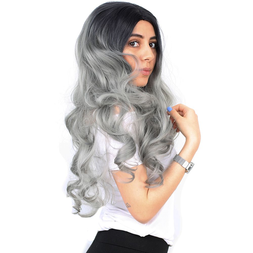 Super Dense Wavy Kanekalon Fiber Synthetic Long Bangs Toupee / Black / Gray Ombré