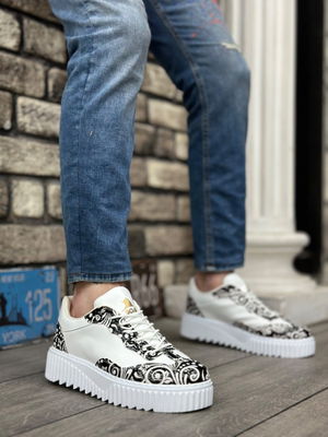 Gothic Patterned White High Sole Men's Casual Shoes