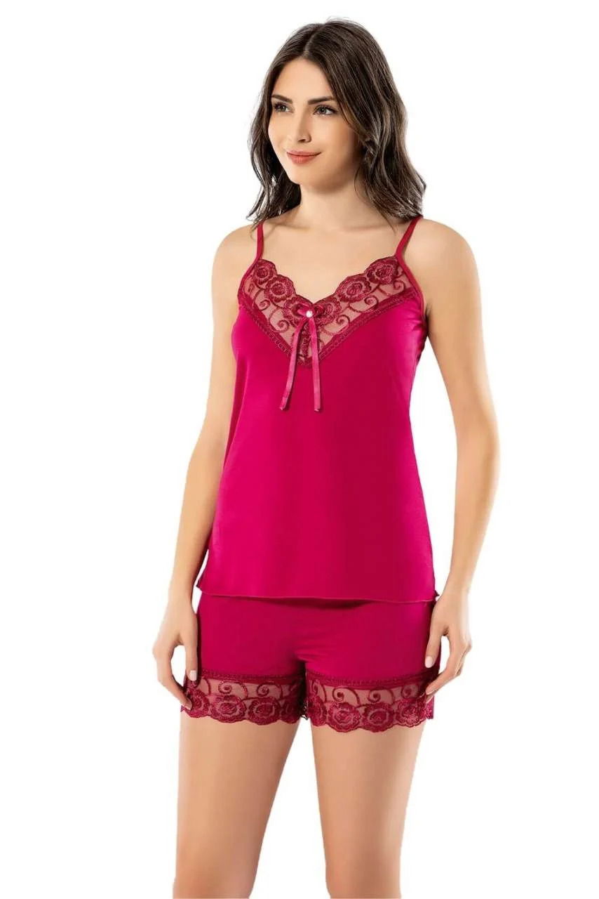 Women's Fuchsia Shorts Suit Home Wear Nightwear Nightgown Lace Pajamas Sleepwear 6341