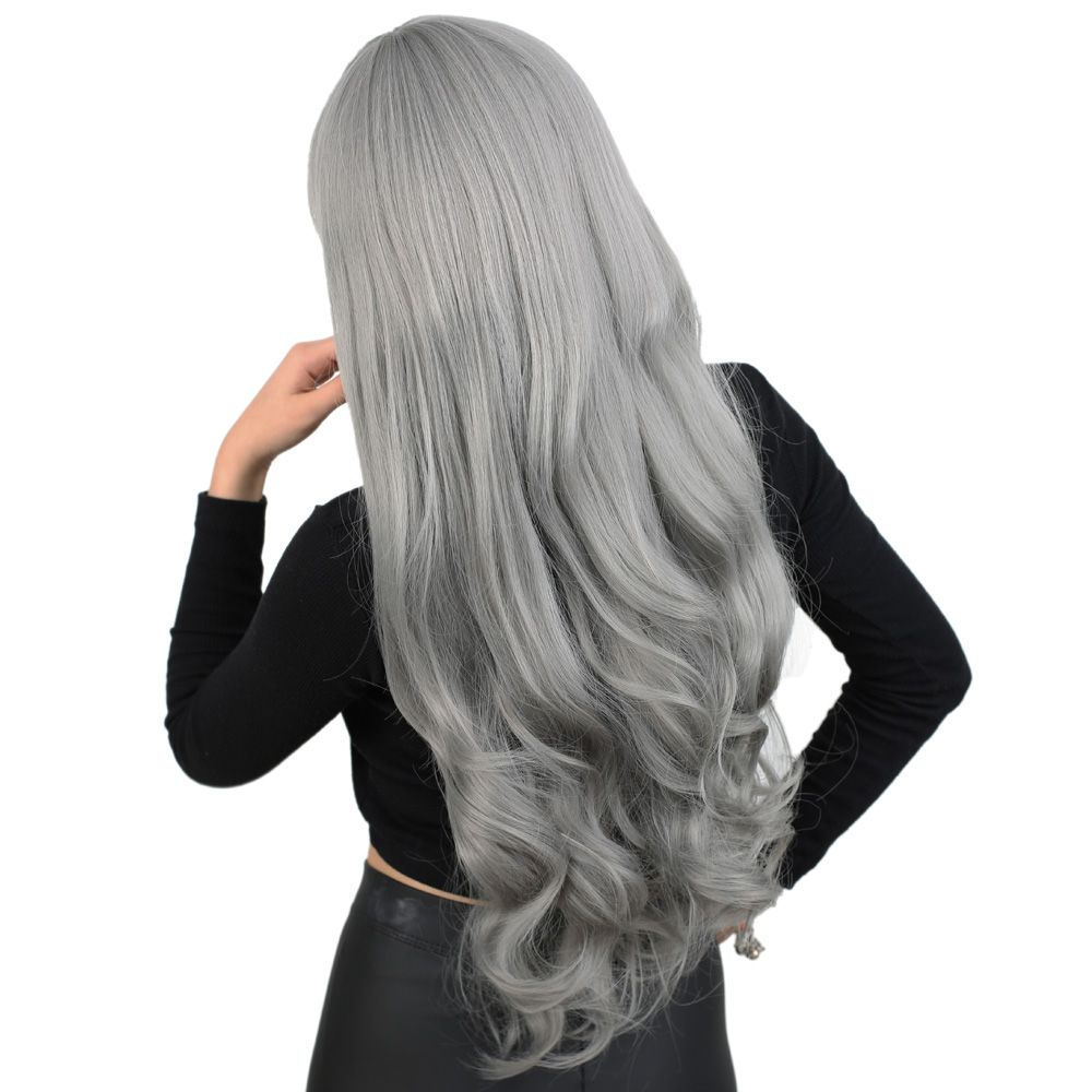 Long Wavy Kanekalon Fiber Synthetic Wig with Custom Bangs / Gray