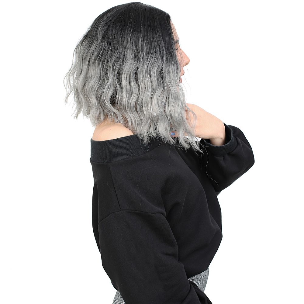 Kanekalon Fiber Synthetic Short Wavy Bangs Wig / Black / Gray Ombré